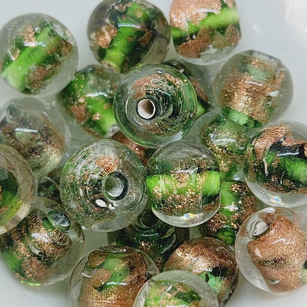 10mm Round (10) - Green w. Aventurine - Vintage Handmade Glass Lampwork Beads - Bead Shack