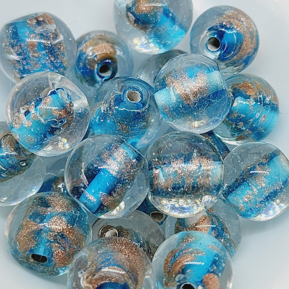 10mm Round (10) - Aqua w. Aventurine - Vintage Handmade Glass Lampwork Beads