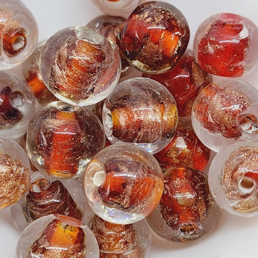 10mm Round (10) - Burnt Orange w. Aventurine - Vintage Handmade Glass Lampwork Beads