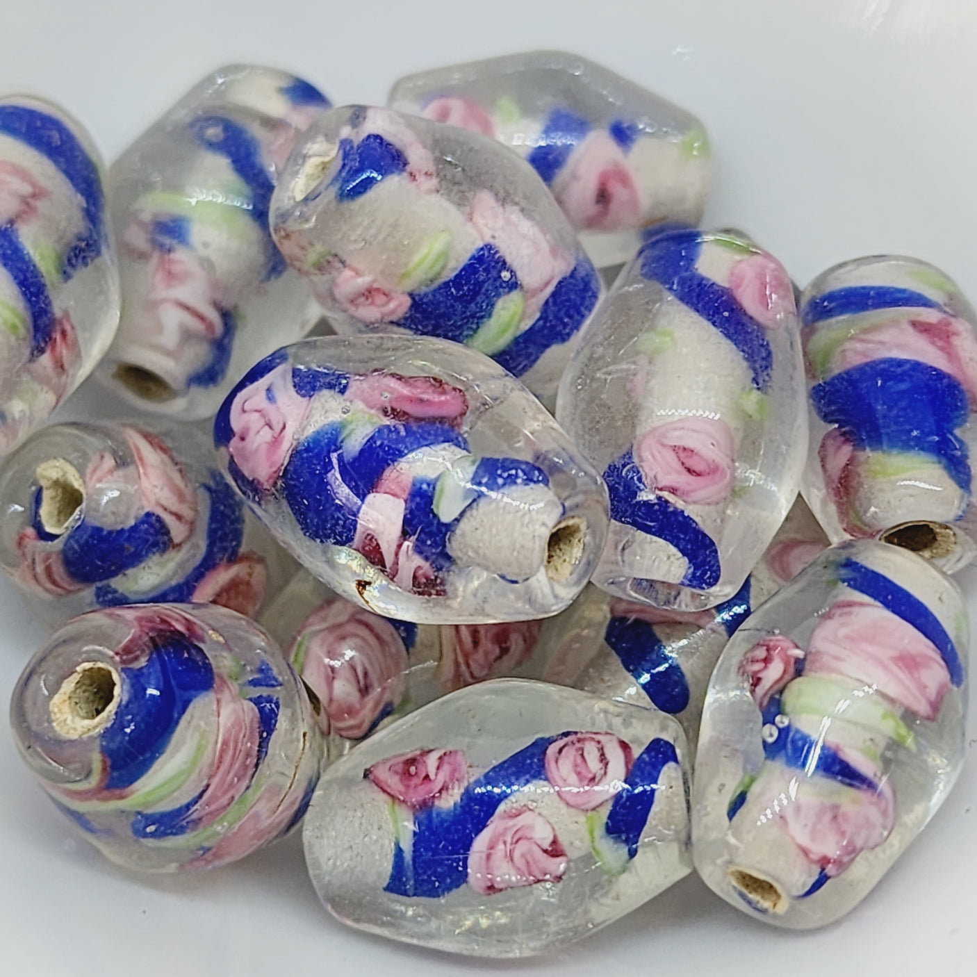 Floral Bicone Bead (10) - Dark Blue - Vintage Handmade Glass Lampwork Beads