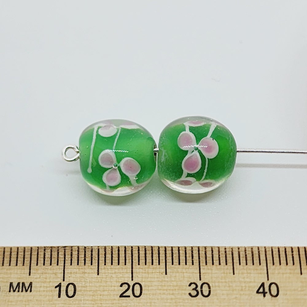 Floral Bead (10) - Green - Vintage Handmade Glass Lampwork Beads