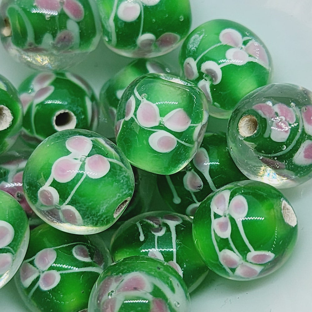 Floral Bead (10) - Green - Vintage Handmade Glass Lampwork Beads