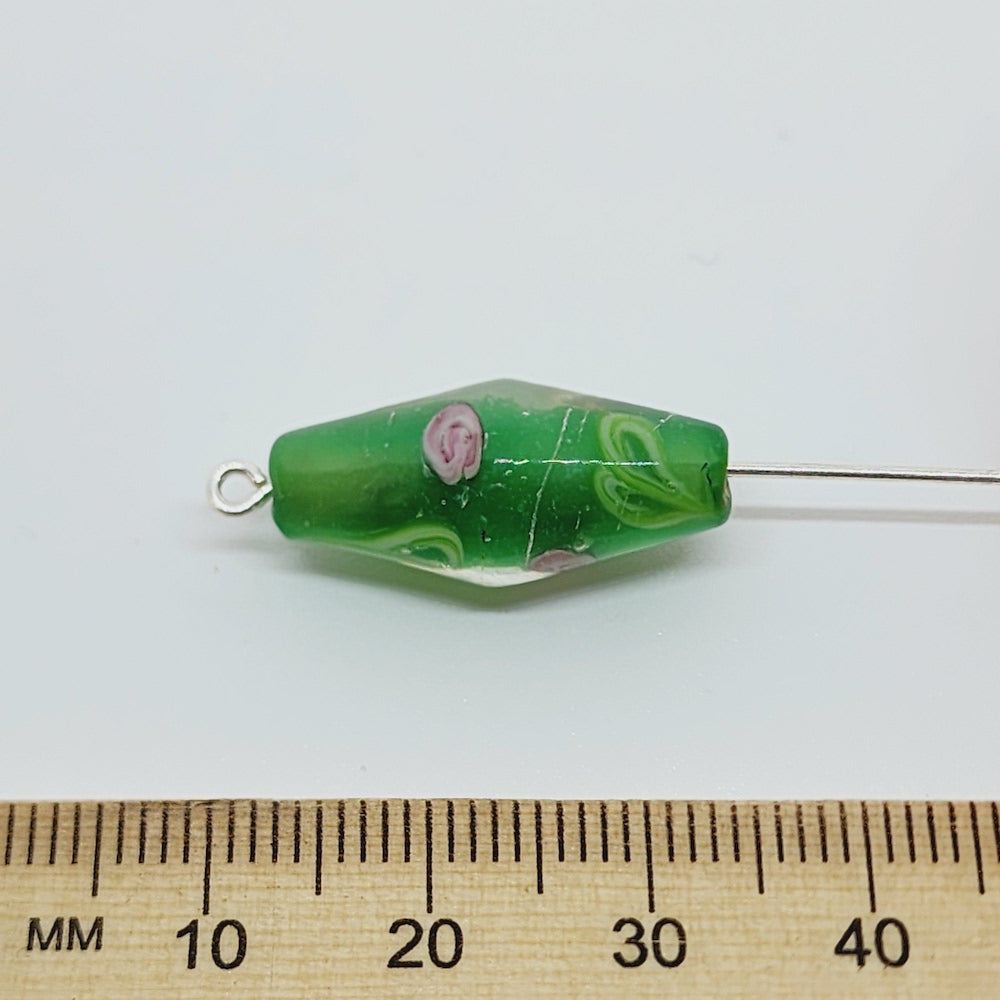 Floral Bicone Bead (10) - Green - Vintage Handmade Glass Lampwork Beads
