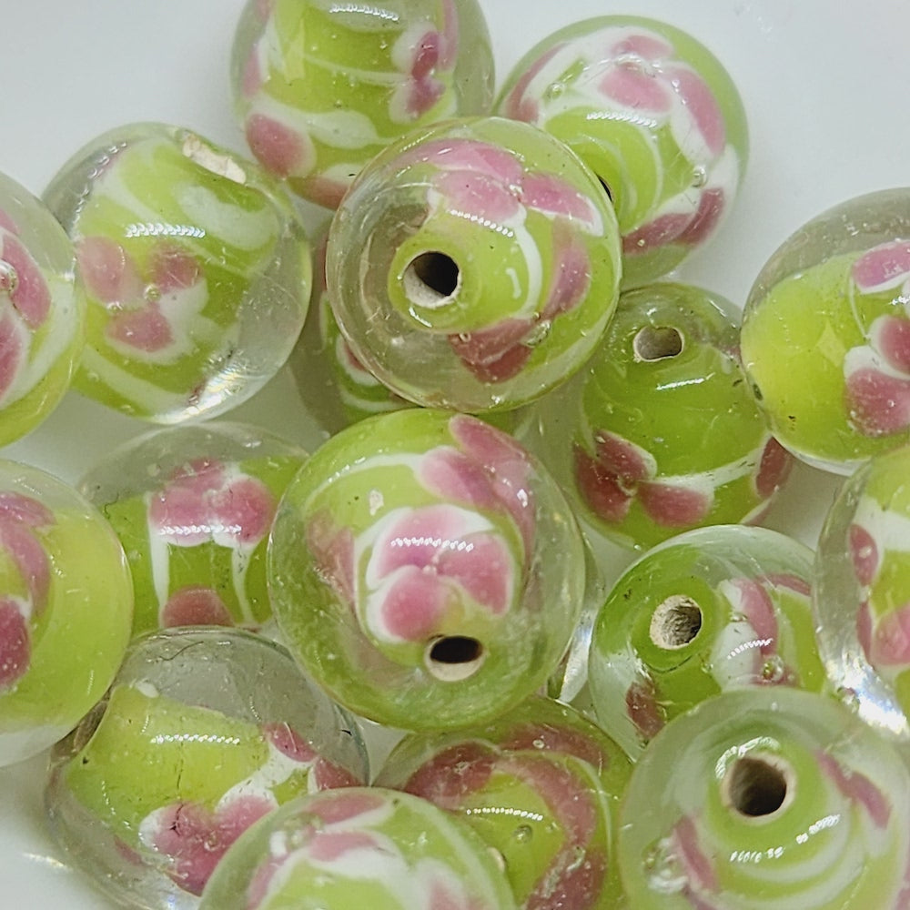 Floral Bead (10) - Lime - Vintage Handmade Glass Lampwork Beads