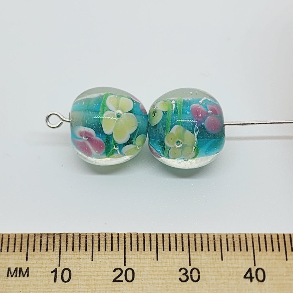 Floral Bead (10) - Aqua - Vintage Handmade Glass Lampwork Beads