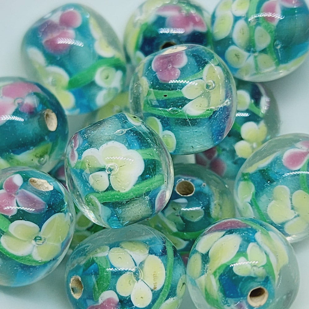 Floral Bead (10) - Aqua - Vintage Handmade Glass Lampwork Beads