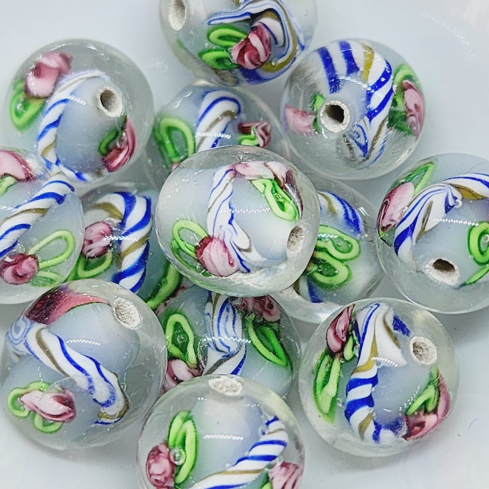 Candy Cane Bead (10) - Translucent White - Vintage Handmade Glass Lampwork Beads