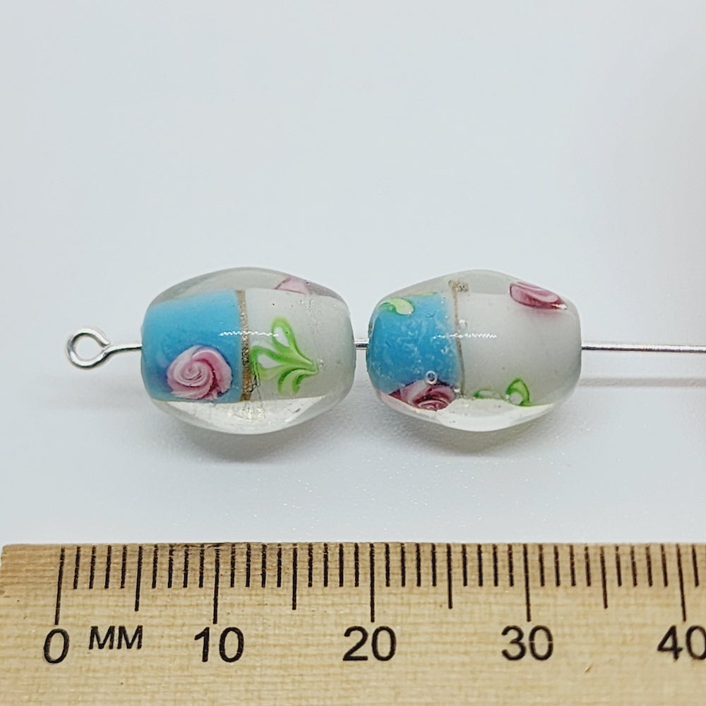 Floral Bicone Bead (10) - Blue/White w. Aventurine - Vintage Handmade Glass Lampwork Beads