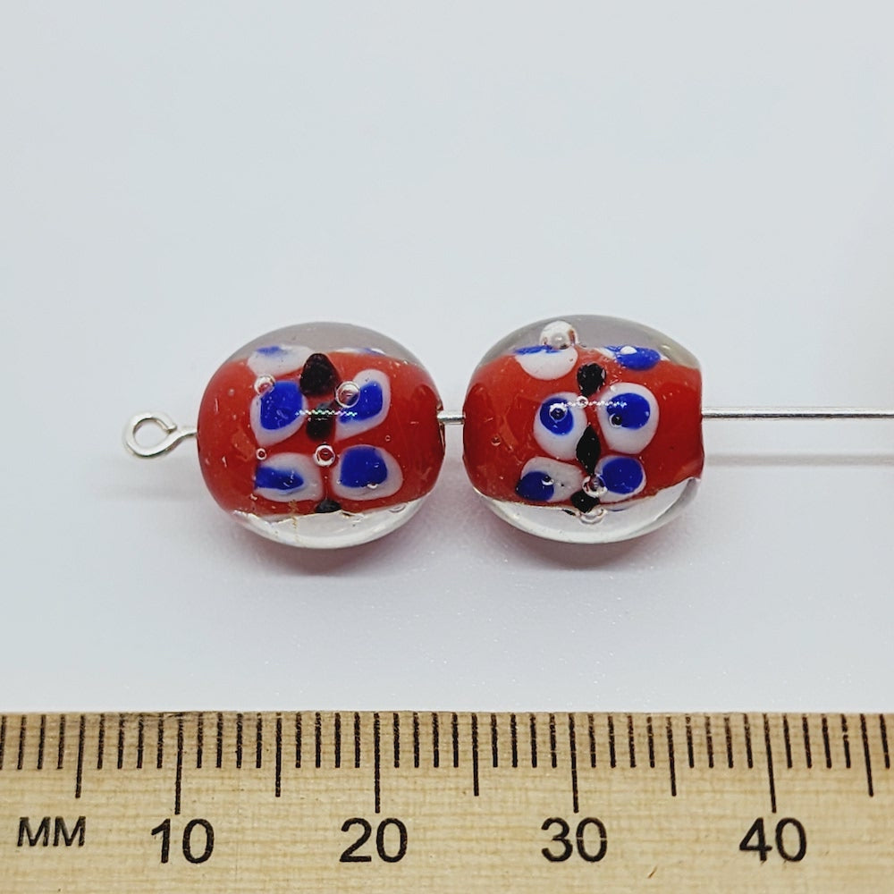 Floral Bead (10) - Red & Blue - Vintage Handmade Glass Lampwork Beads