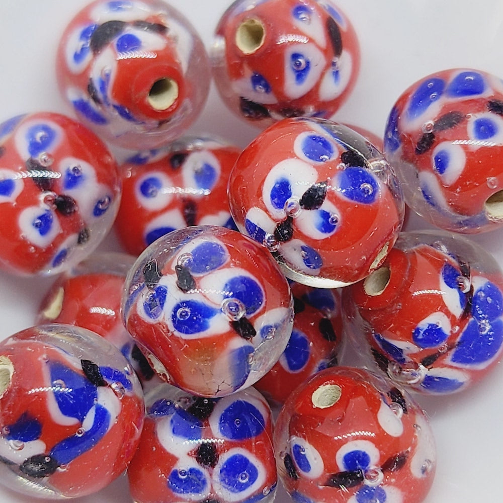 Floral Bead (10) - Red & Blue - Vintage Handmade Glass Lampwork Beads