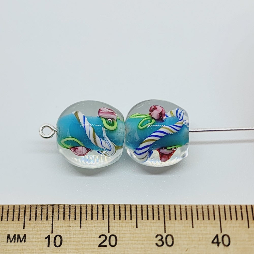 Candy Cane Bead (10) - Aqua - Vintage Handmade Glass Lampwork Beads