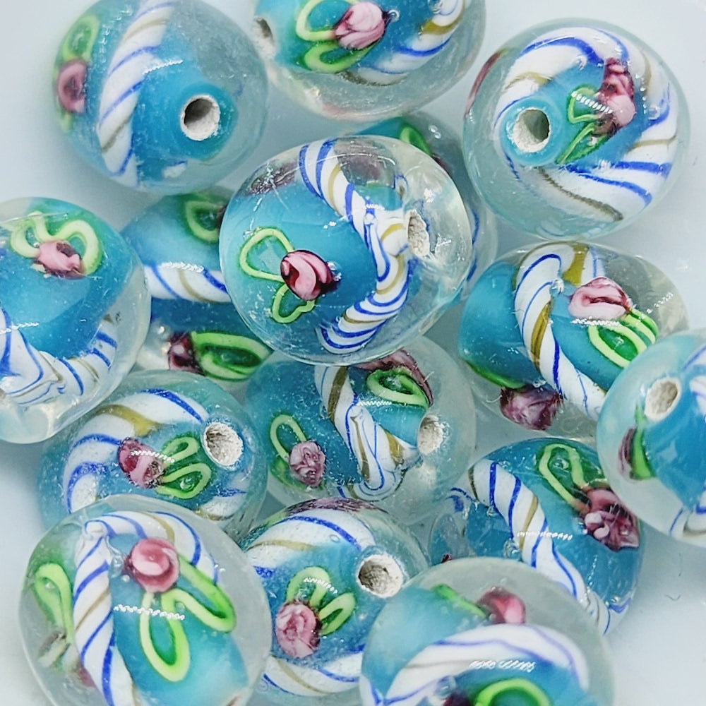 Candy Cane Bead (10) - Aqua - Vintage Handmade Glass Lampwork Beads