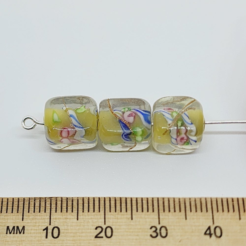 Candy Cane Cube Bead (10) - Yellow - Vintage Handmade Glass Lampwork Beads