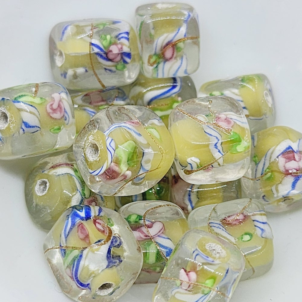 Candy Cane Cube Bead (10) - Yellow - Vintage Handmade Glass Lampwork Beads