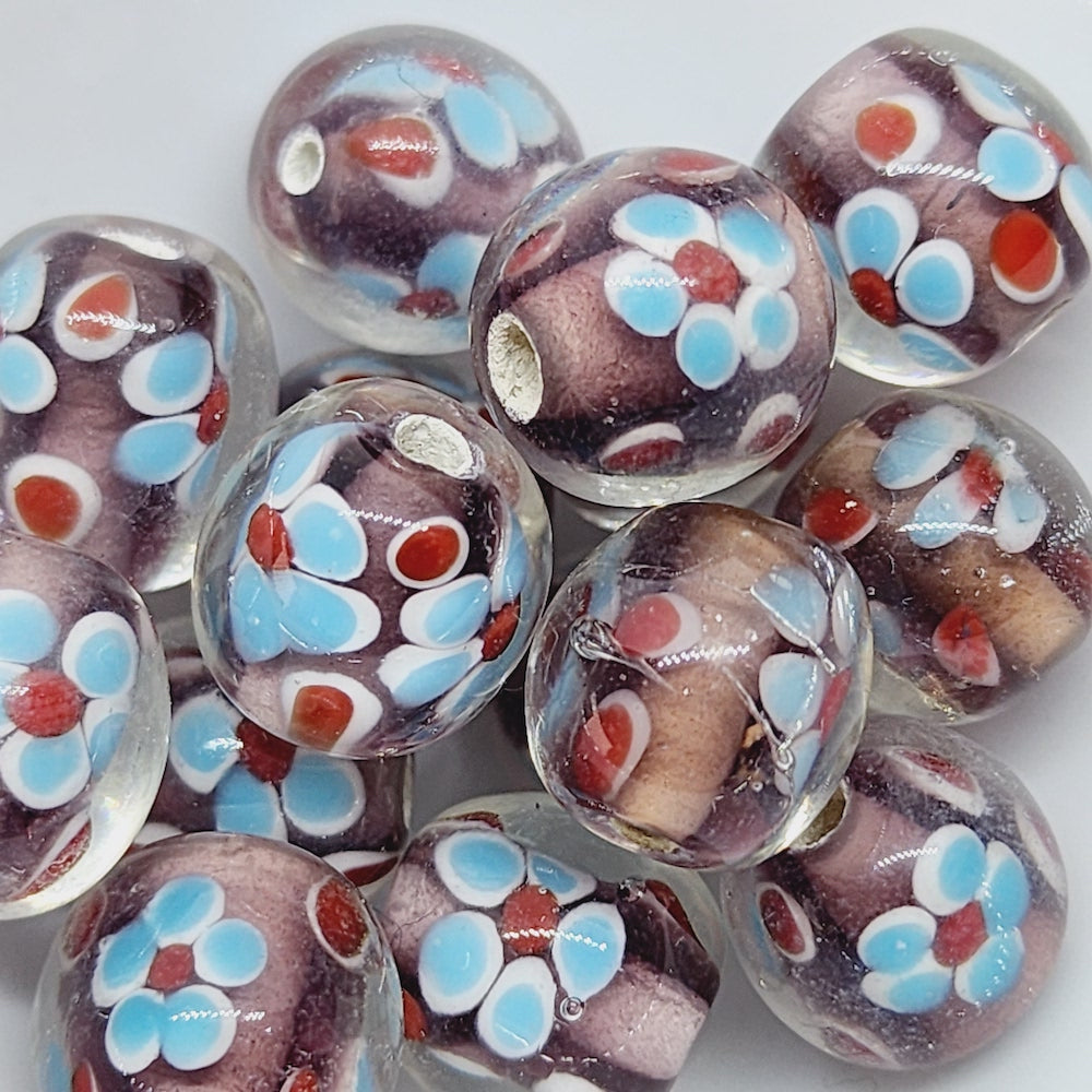 Floral Bead (10) - Amethyst - Vintage Handmade Glass Lampwork Beads