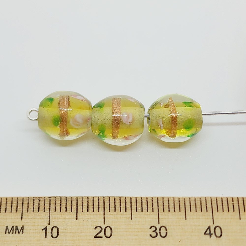 Floral Bicone Bead (10) - Yellow w. Aventurine - Vintage Handmade Glass Lampwork Beads