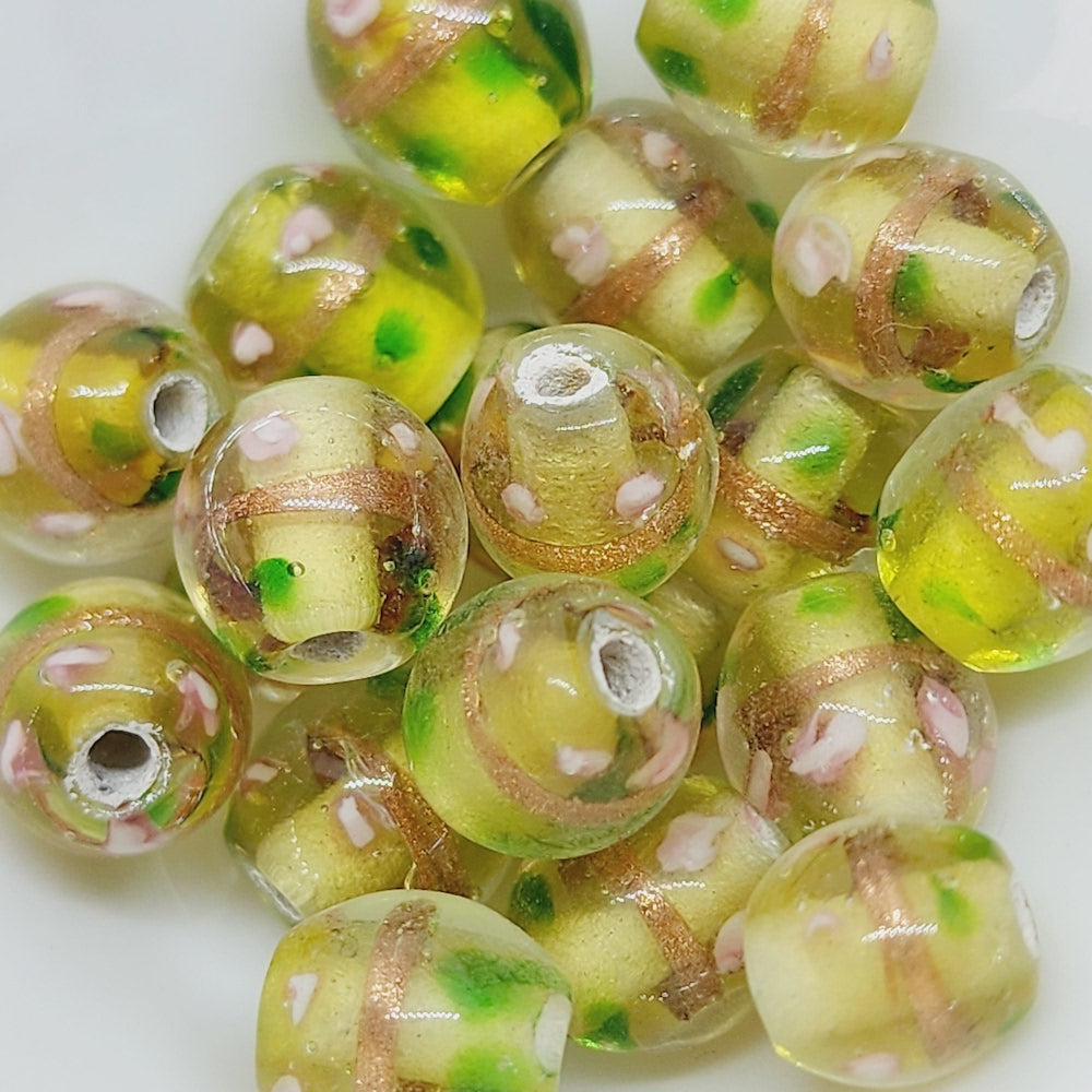Floral Bicone Bead (10) - Yellow w. Aventurine - Vintage Handmade Glass Lampwork Beads