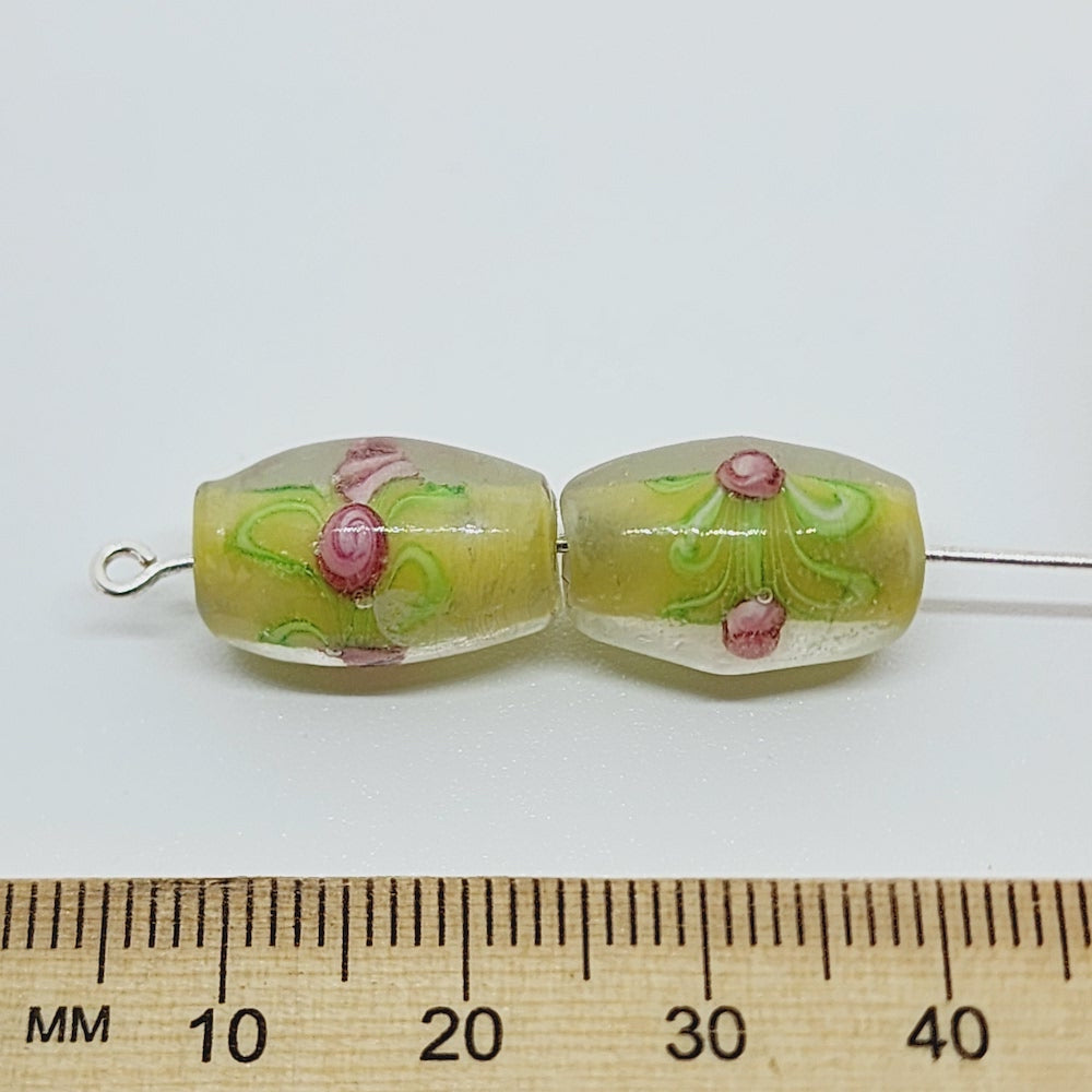 Floral Bicone Bead (10) - Yellow - Vintage Handmade Glass Lampwork Beads