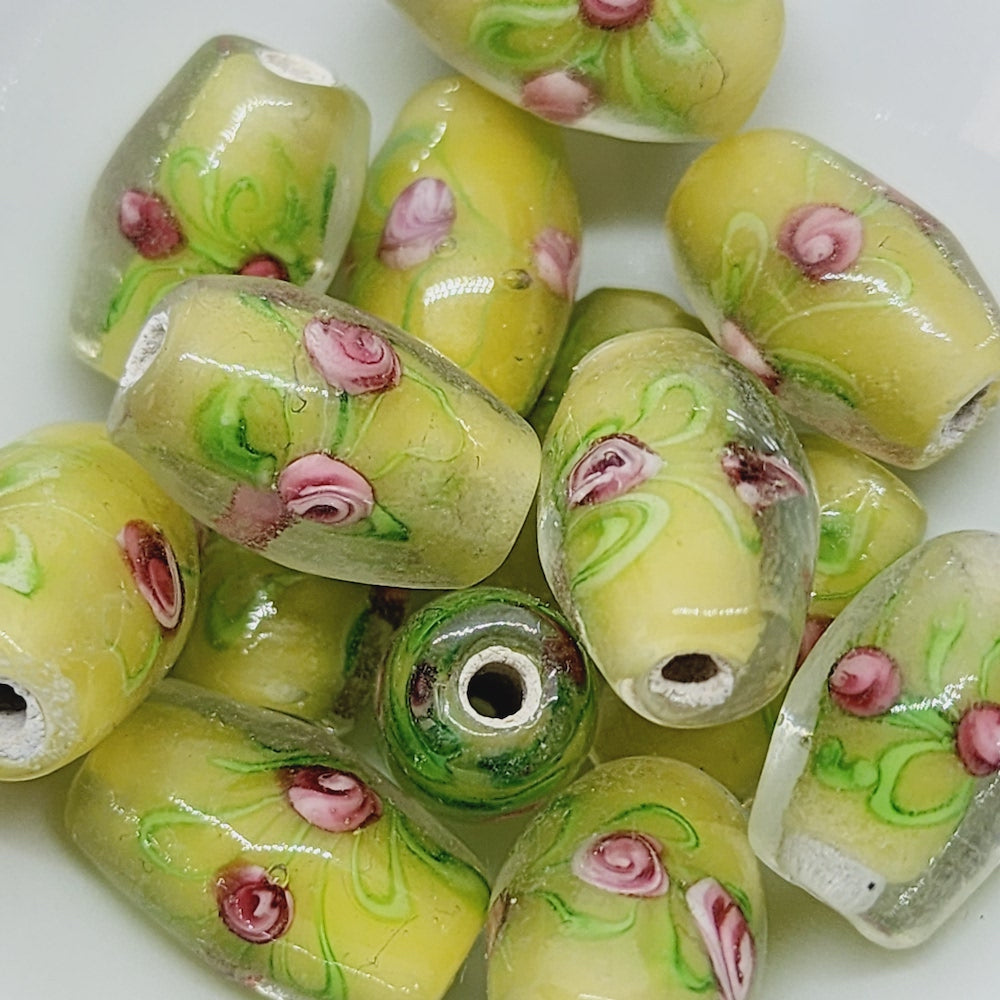 Floral Bicone Bead (10) - Yellow - Vintage Handmade Glass Lampwork Beads