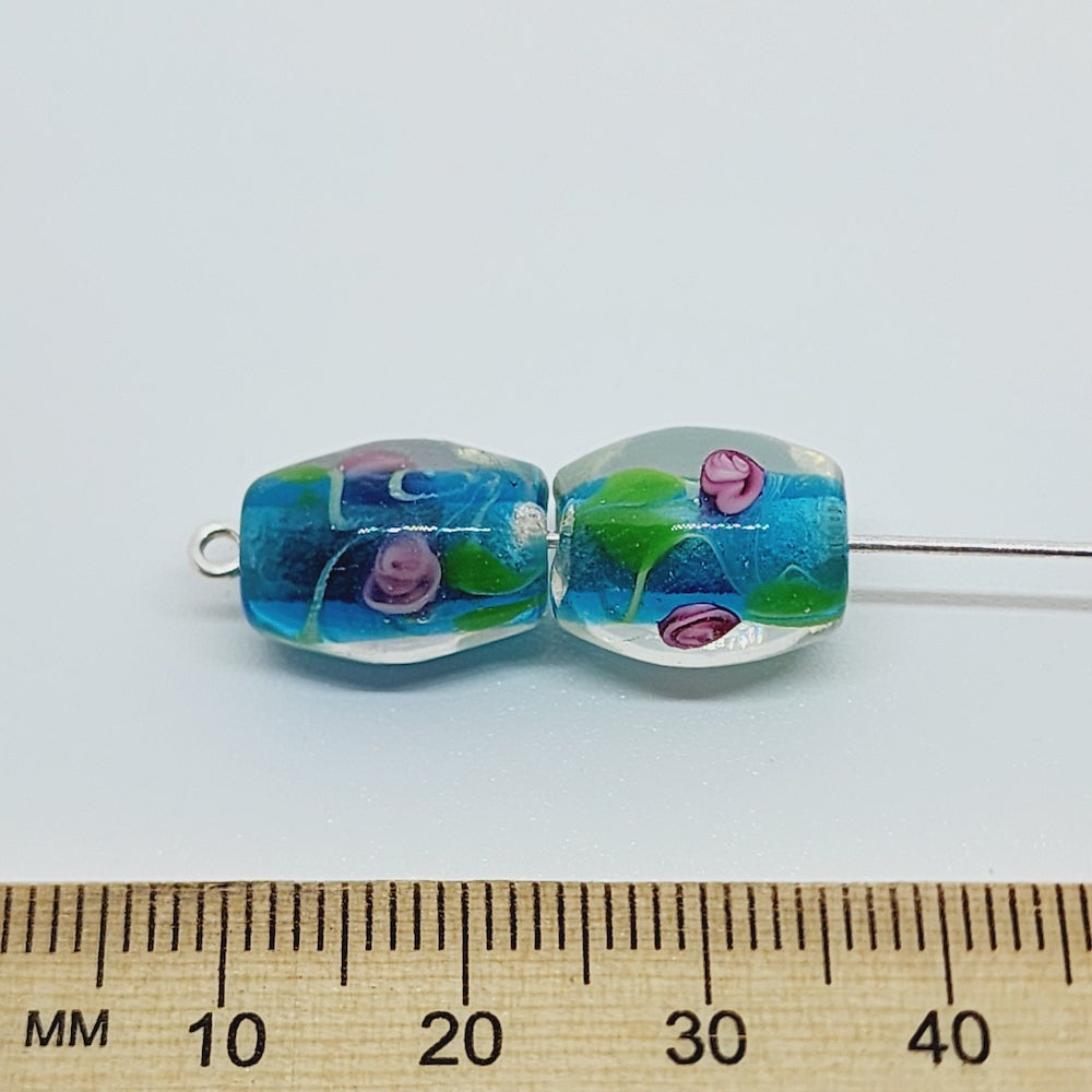 Floral Bead (10) - Dark Aqua - Vintage Handmade Glass Lampwork Beads