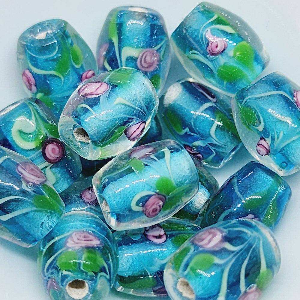 Floral Bead (10) - Dark Aqua - Vintage Handmade Glass Lampwork Beads