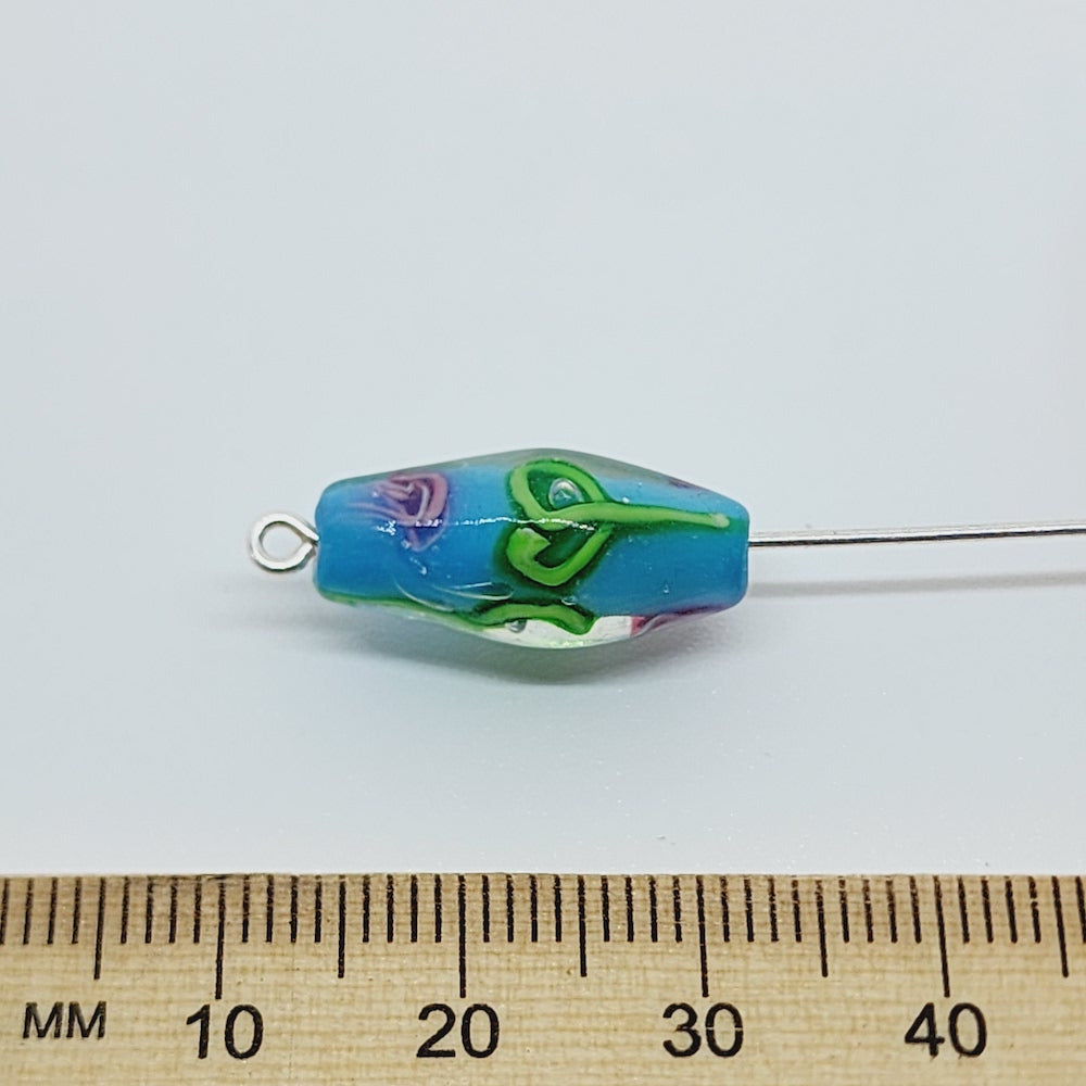 Floral Bicone Bead (10) - Light Blue - Vintage Handmade Glass Lampwork Beads