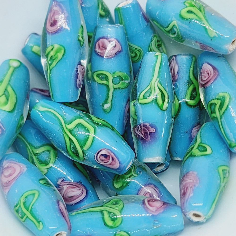 Floral Bicone Bead (10) - Light Blue - Vintage Handmade Glass Lampwork Beads