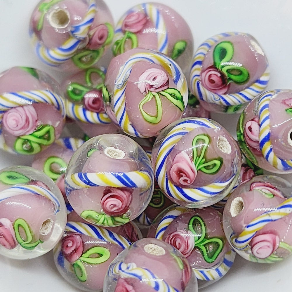 Candy Cane Bead (10) - Pink - Vintage Handmade Glass Lampwork Beads