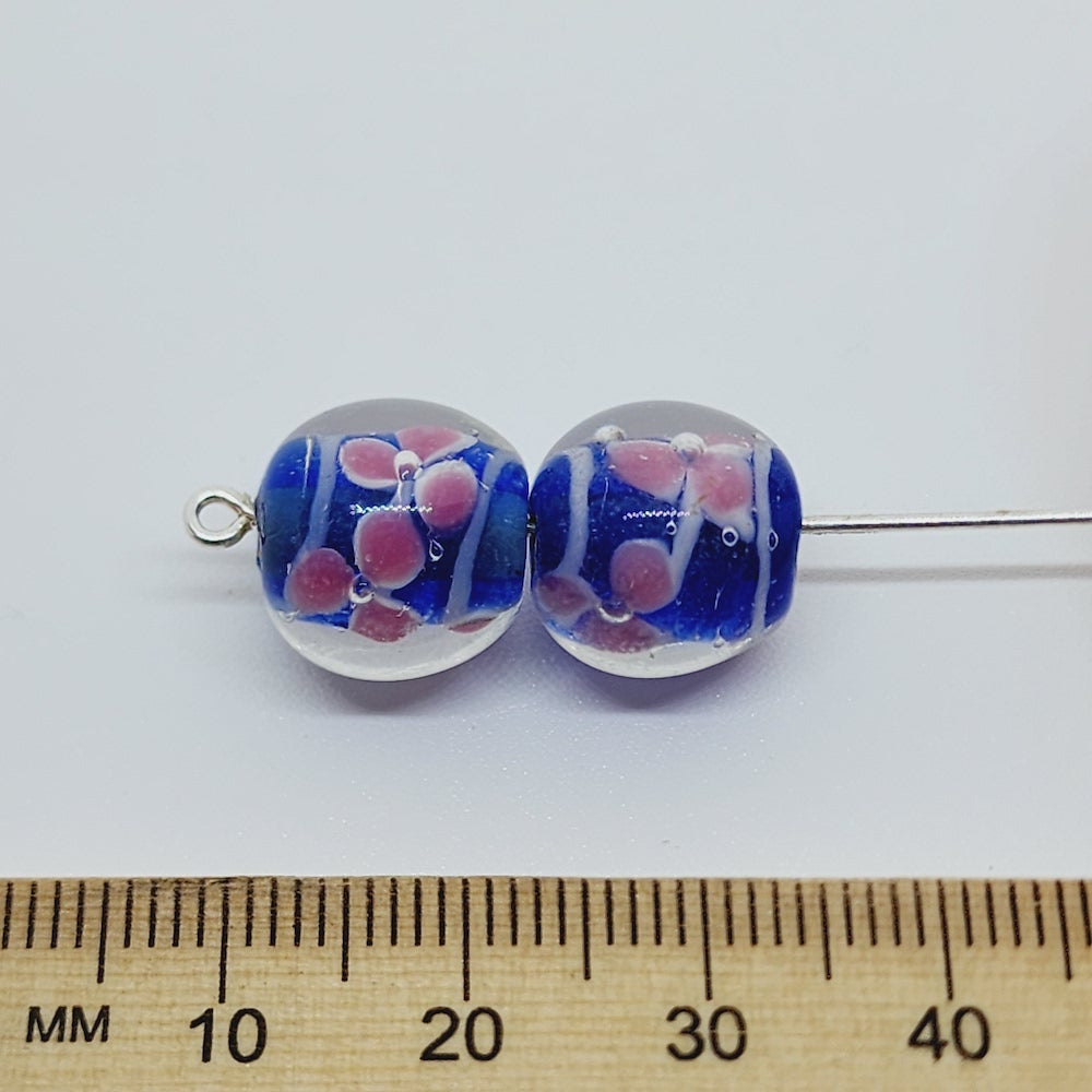 Floral Bead (10) - Dark Blue - Vintage Handmade Glass Lampwork Beads