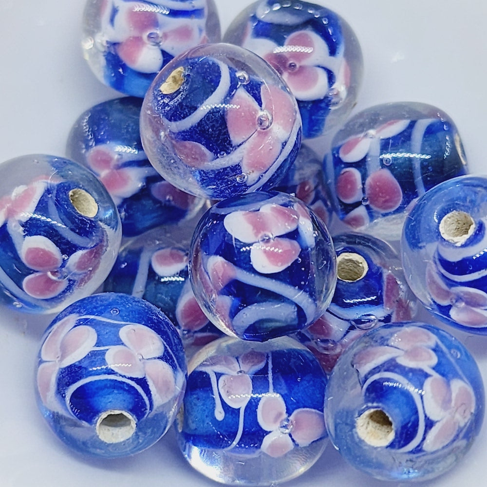 Floral Bead (10) - Dark Blue - Vintage Handmade Glass Lampwork Beads