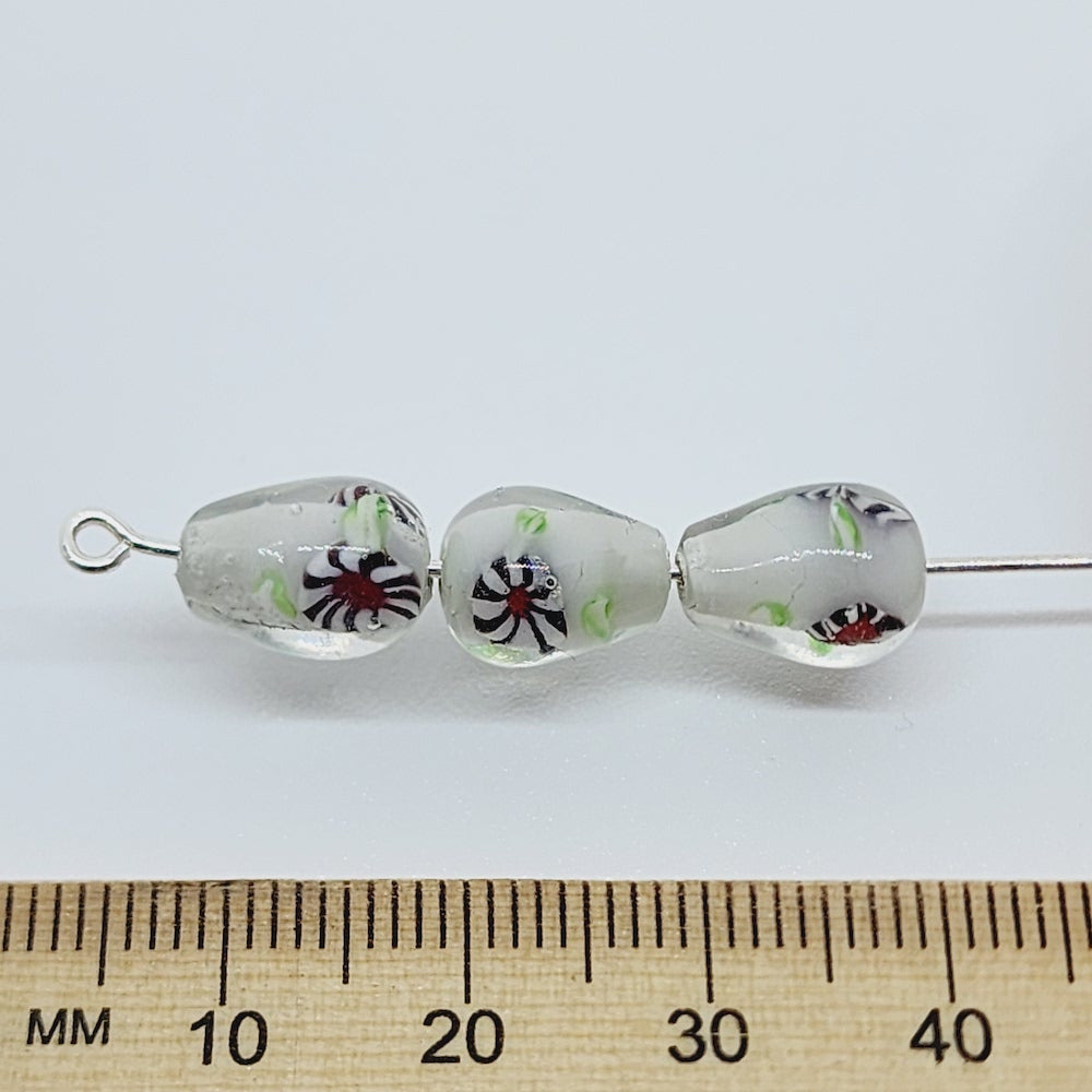 Floral Teardrop Bead (10) - White - Vintage Handmade Glass Lampwork Beads