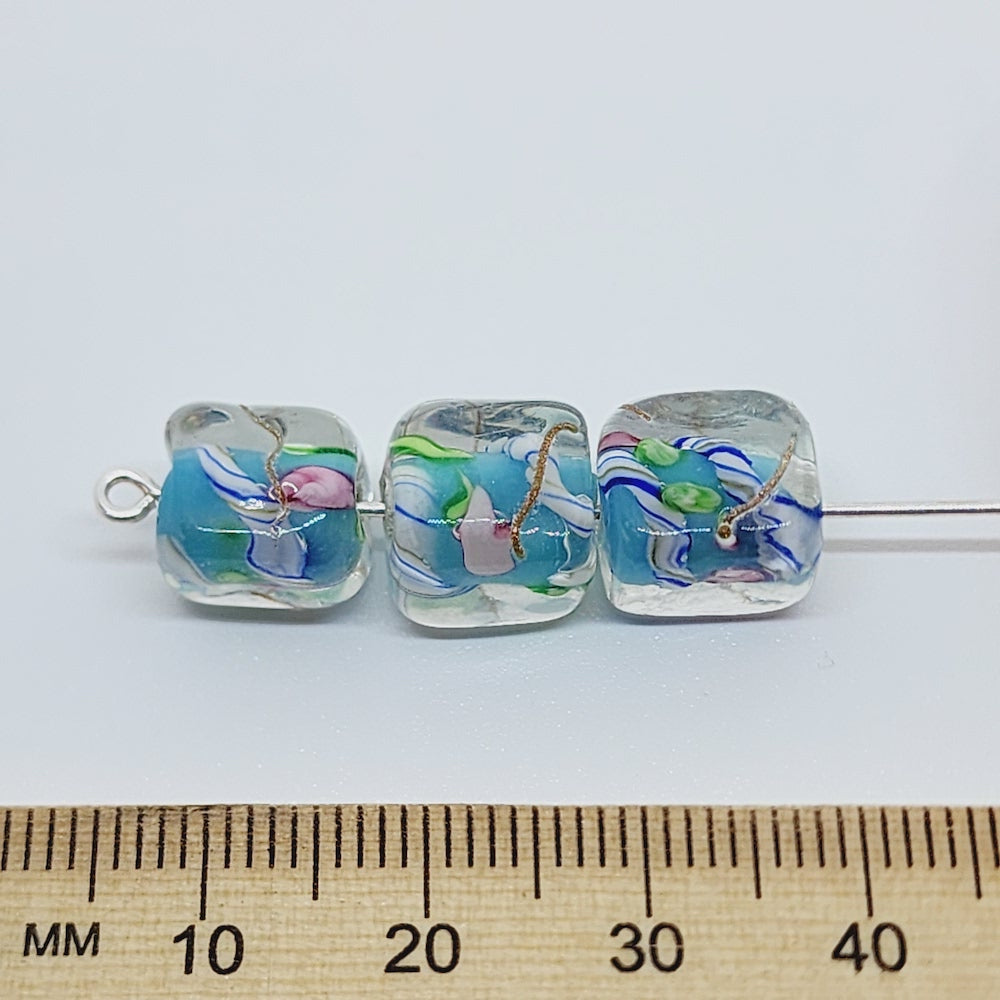 Candy Cane Cube Bead (10) - Light Blue - Vintage Handmade Glass Lampwork Beads