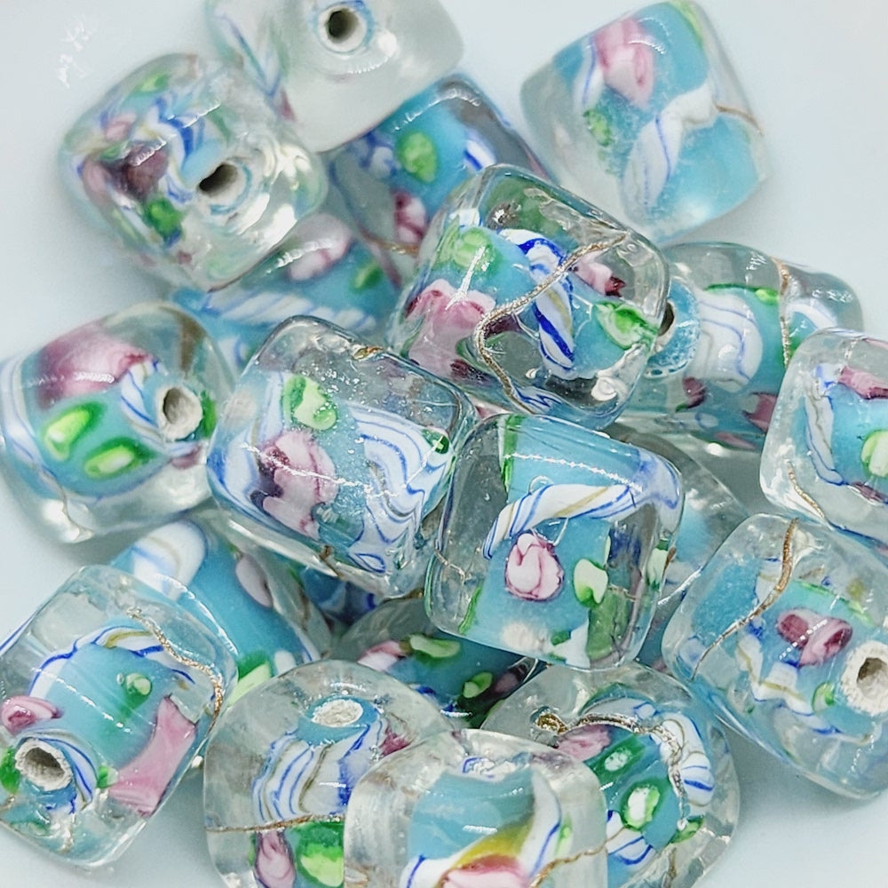 Candy Cane Cube Bead (10) - Light Blue - Vintage Handmade Glass Lampwork Beads
