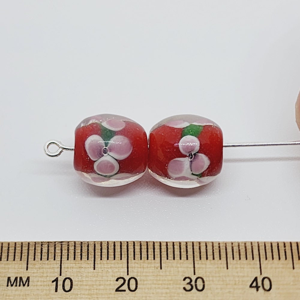 Floral Bead (10) - Red - Vintage Handmade Glass Lampwork Beads