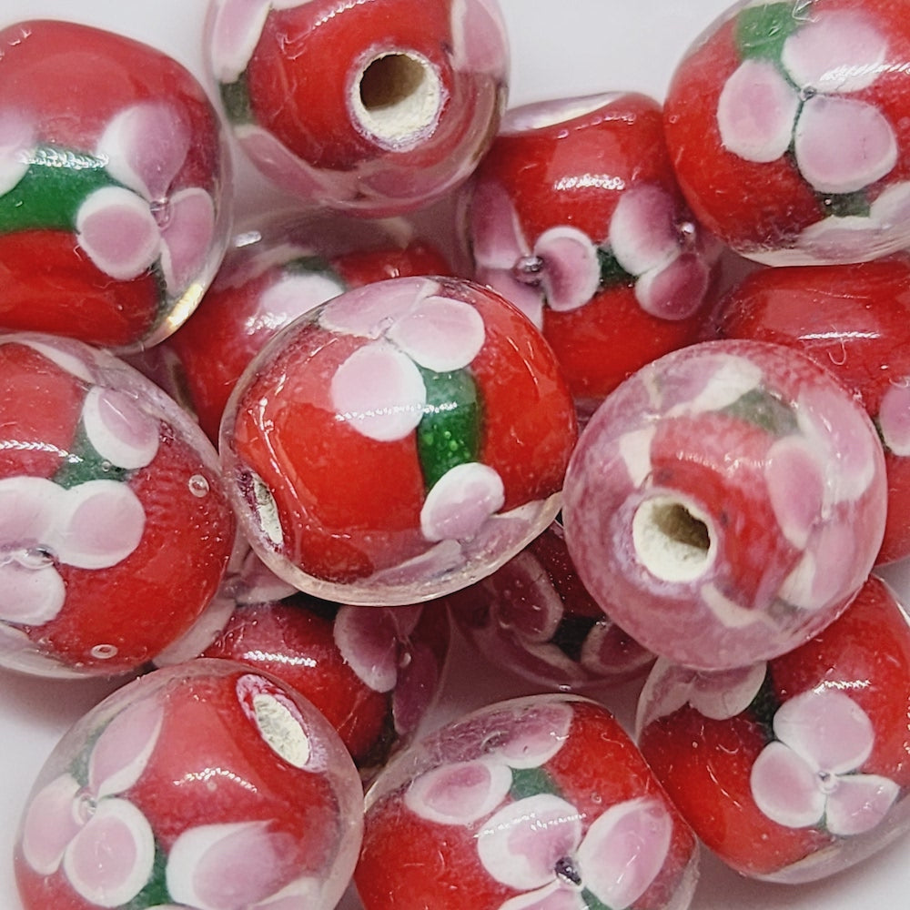 Floral Bead (10) - Red - Vintage Handmade Glass Lampwork Beads