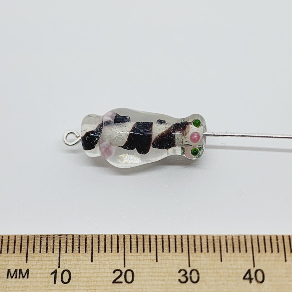 Floral Lantern Bead (10) - Black - Vintage Handmade Glass Lampwork Beads