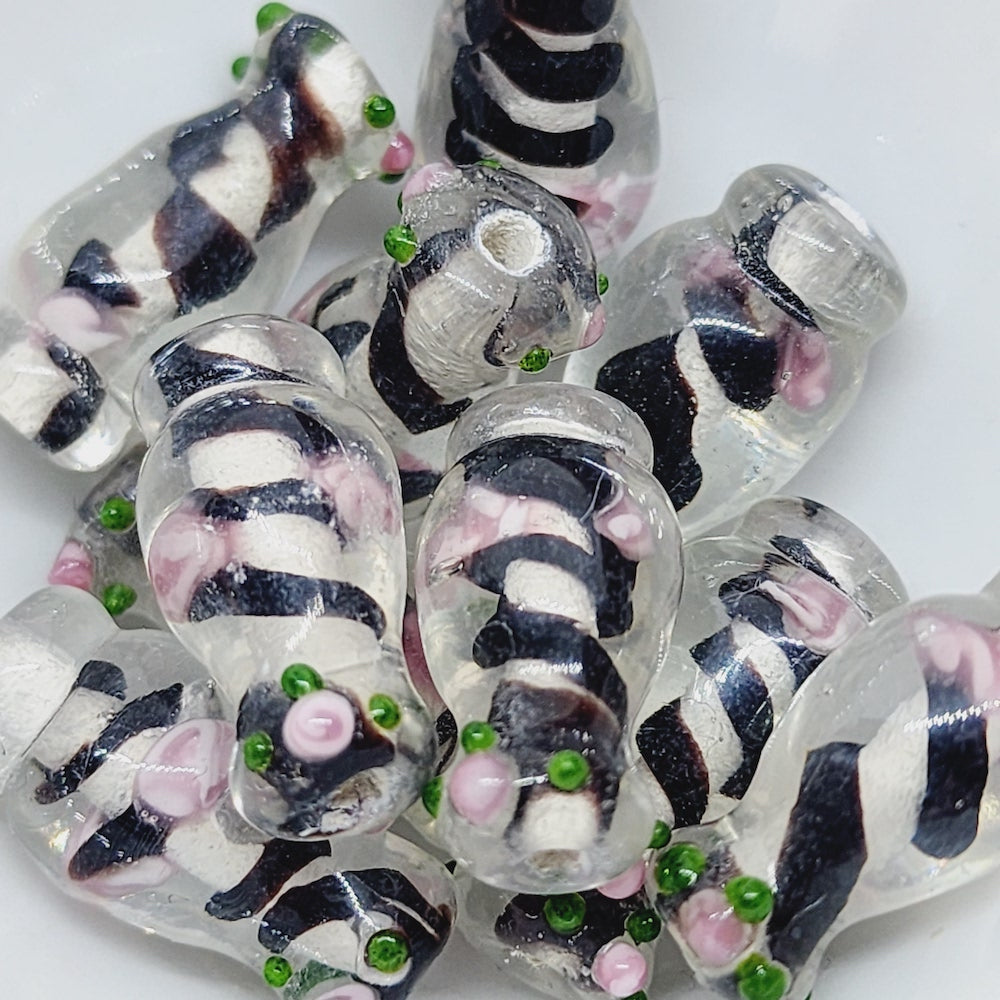 Floral Lantern Bead (10) - Black - Vintage Handmade Glass Lampwork Beads