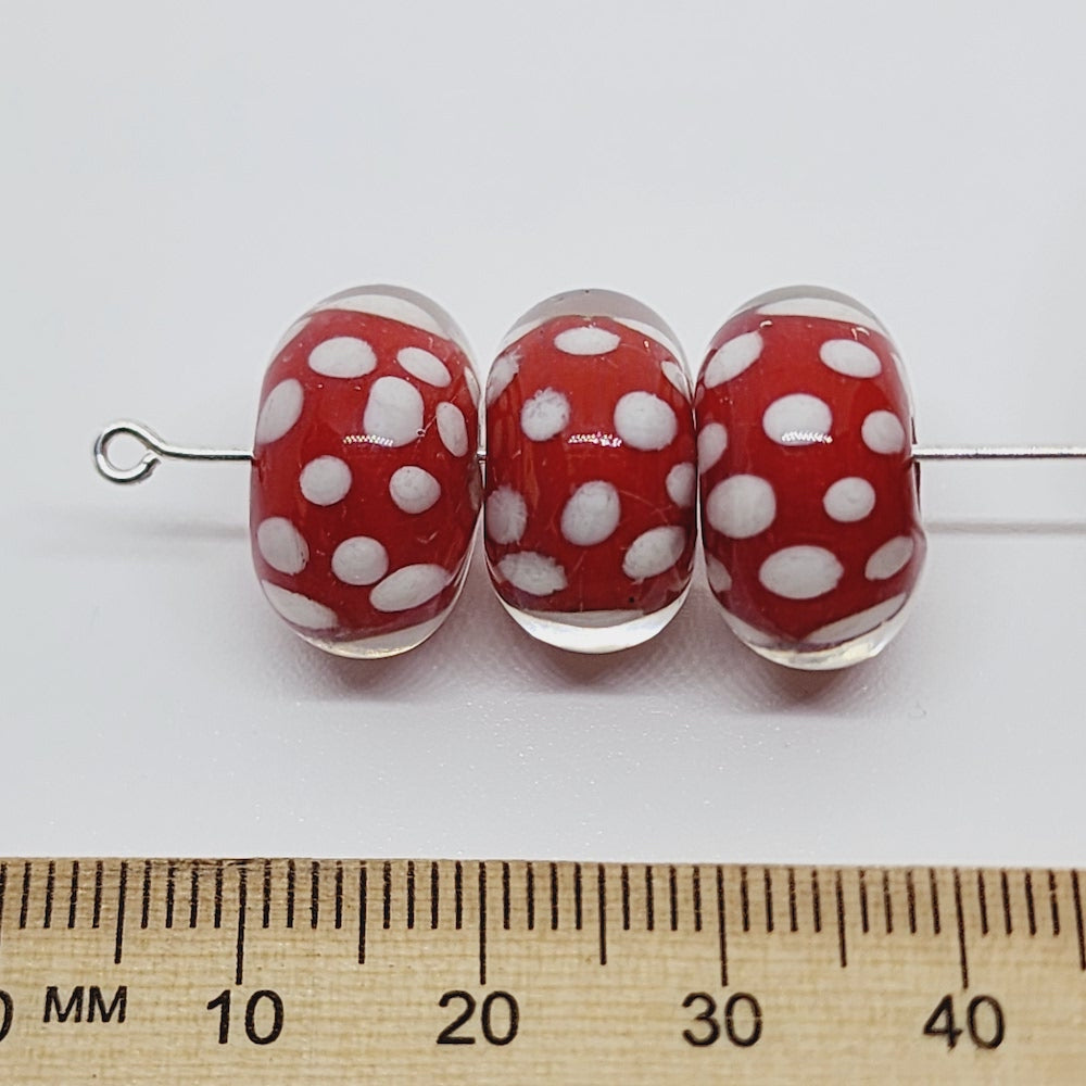 Spotted Rondelle Bead (5) - Red - Vintage Handmade Glass Lampwork Beads