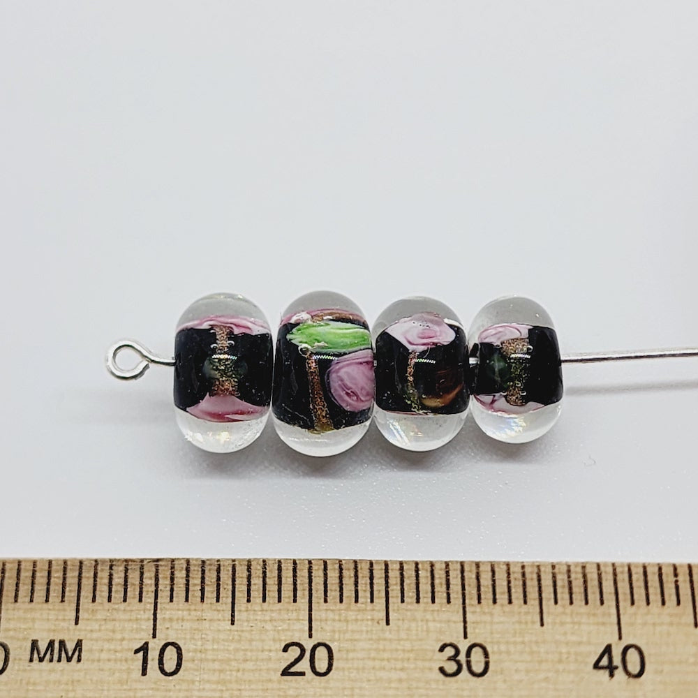 Floral Rondelle Bead (10) - Black - Vintage Handmade Glass Lampwork Beads