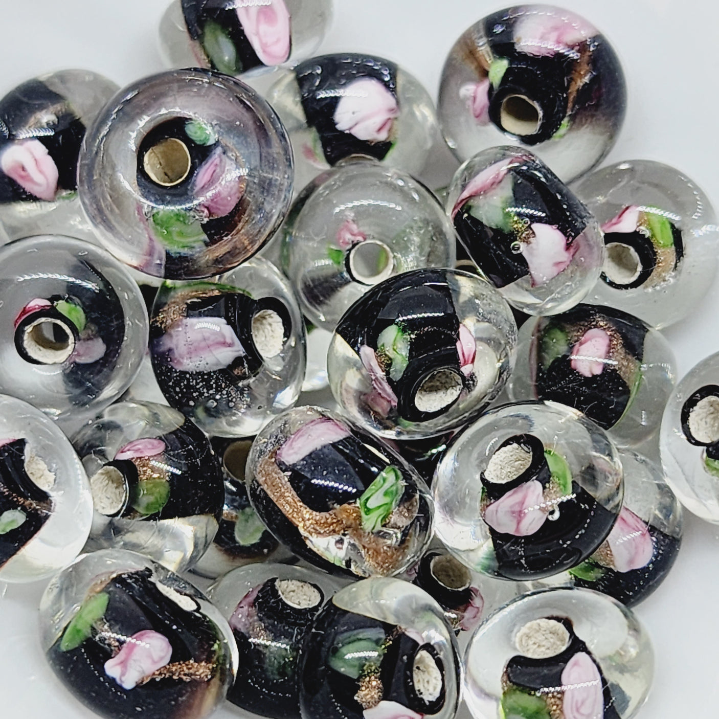 Floral Rondelle Bead (10) - Black - Vintage Handmade Glass Lampwork Beads