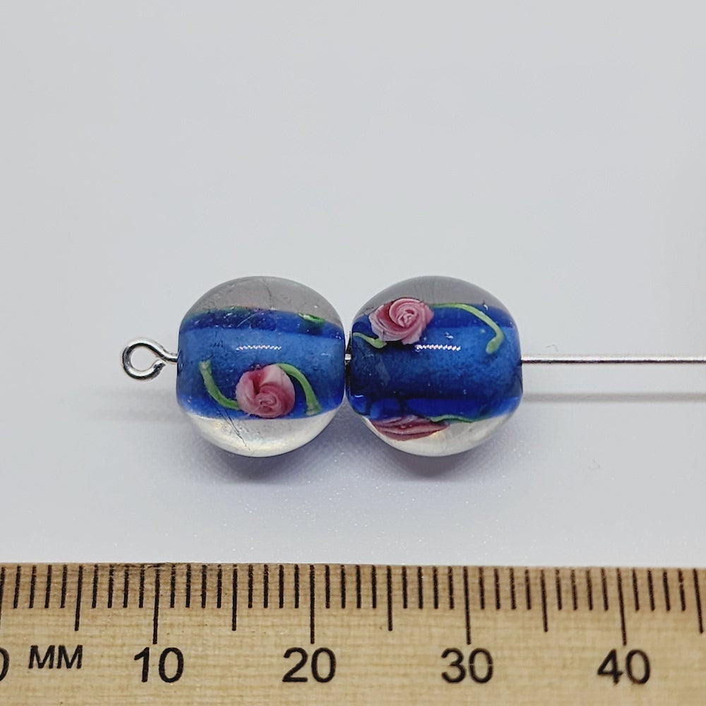 Floral Bead (10) - Blue - Vintage Handmade Glass Lampwork Beads