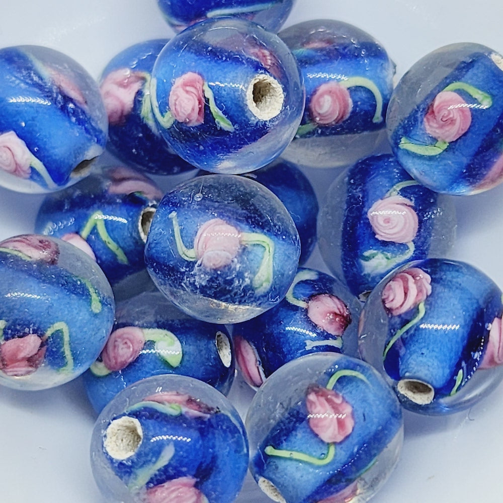 Floral Bead (10) - Blue - Vintage Handmade Glass Lampwork Beads