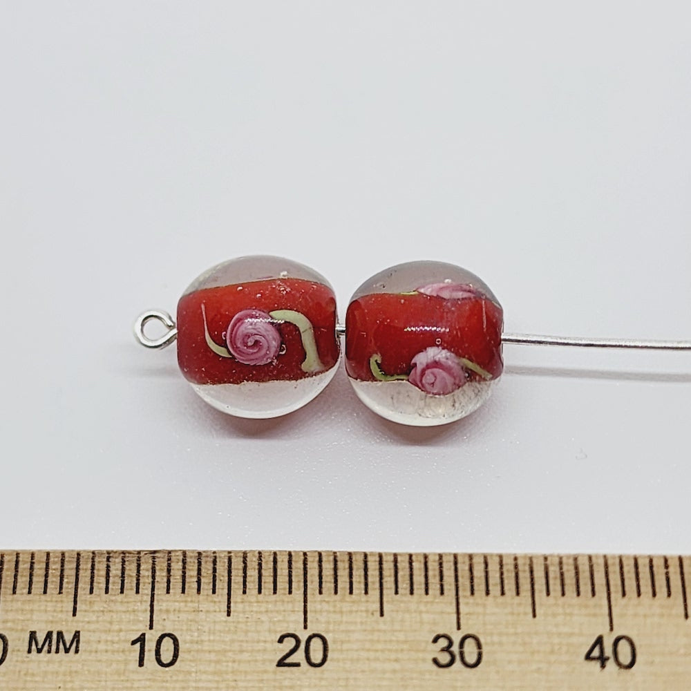 Floral Bead (10) - Red - Vintage Handmade Glass Lampwork Beads