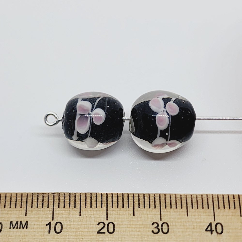 Floral Bead (10) - Black - Vintage Handmade Glass Lampwork Beads - Bead Shack