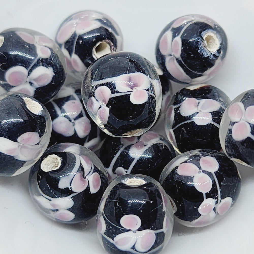 Floral Bead (10) - Black - Vintage Handmade Glass Lampwork Beads - Bead Shack