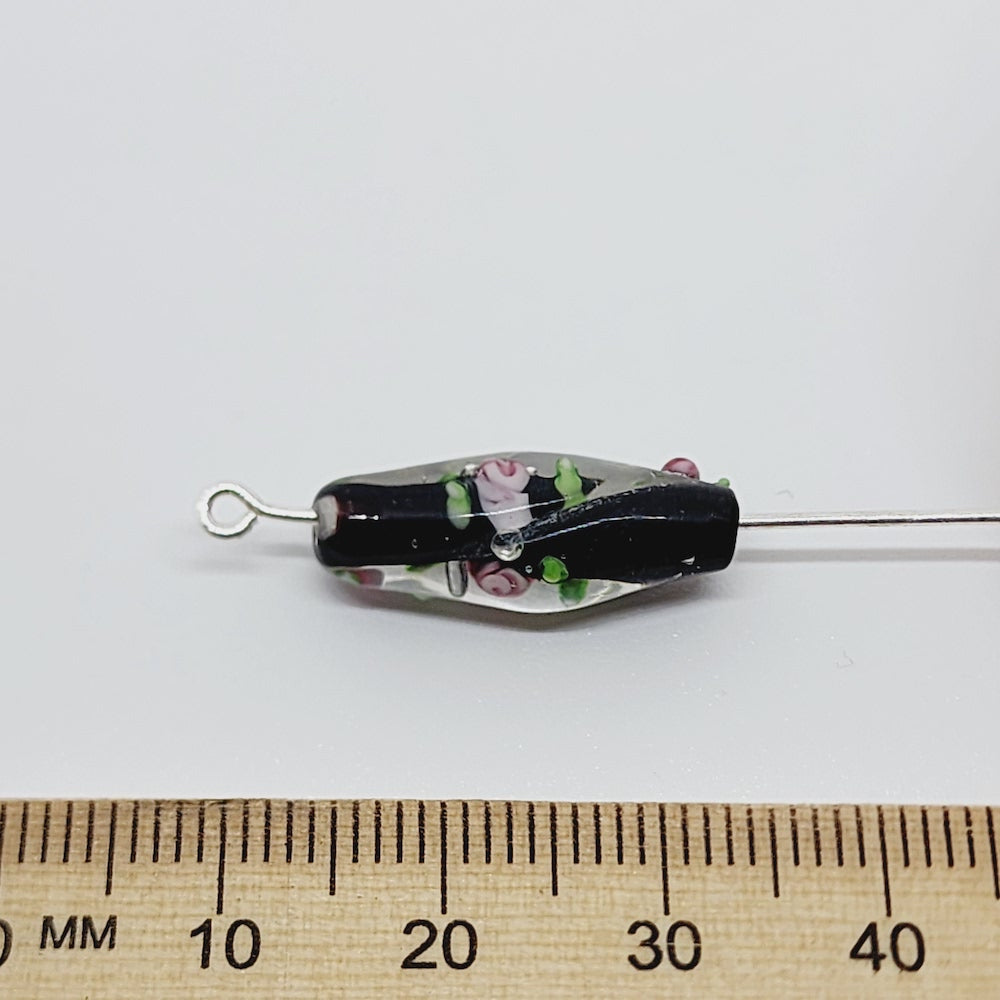 Floral Bicone Bead (10) - Black - Vintage Handmade Glass Lampwork Beads
