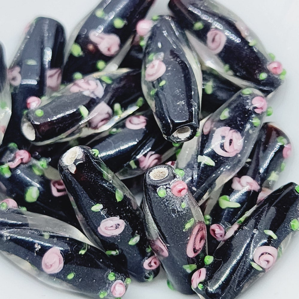 Floral Bicone Bead (10) - Black - Vintage Handmade Glass Lampwork Beads