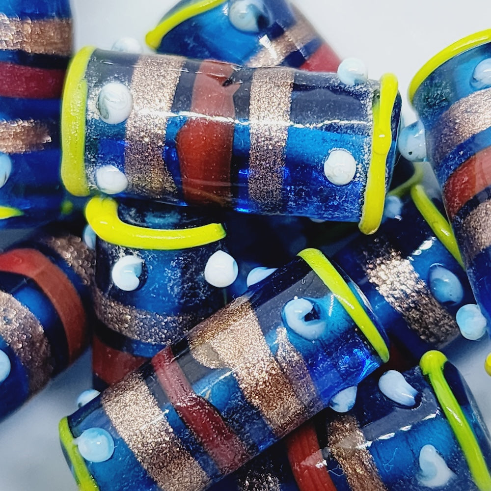 23x10mm Tube (5) - Aqua Blue Transparent w. Aventurine - Vintage Indian Lampwork Beads