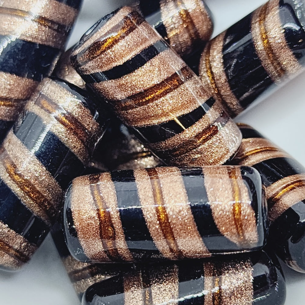 23x10mm Tube (10) - Black Opaque w. Aventurine & Red - Vintage Handmade Glass Lampwork Beads