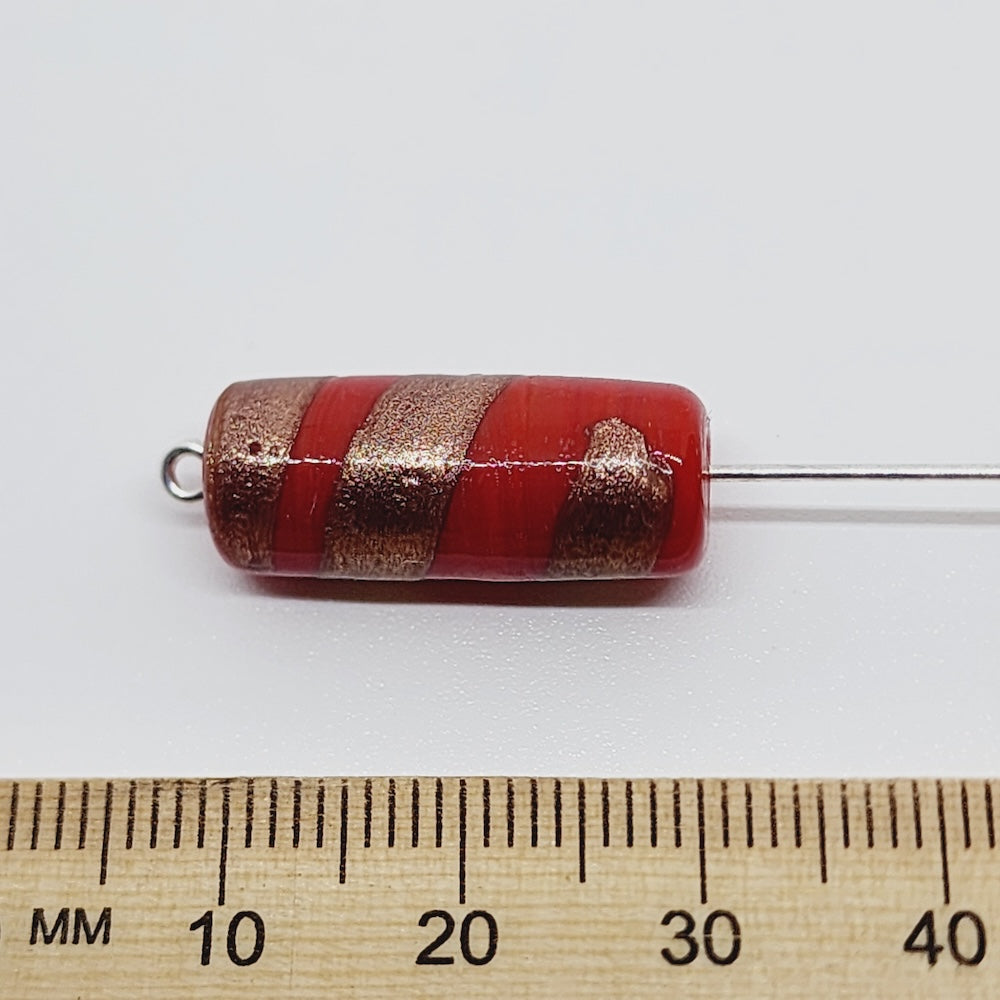 23x10mm Tube (10) - Red Opaque w. Aventurine - Vintage Handmade Glass Lampwork Beads